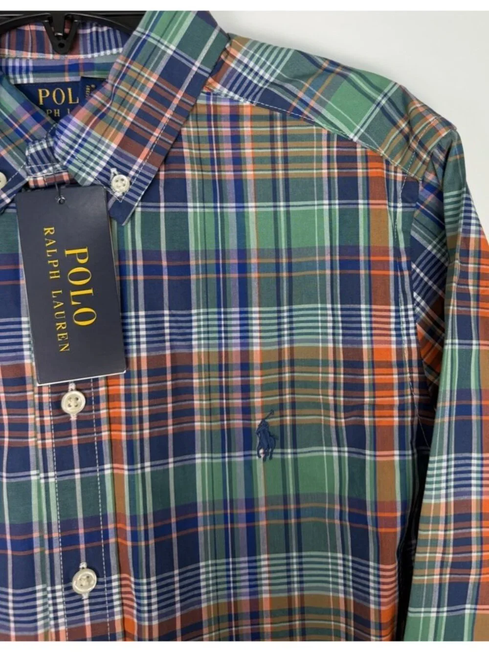 Ralph Lauren LARGE 14-16 Polo Plaid Cotton Poplin Buttondown Stretch Shirt NEW